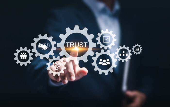 Credibility, reputation and trust concept, Businessman touching virtual screen of trust word for business team making.