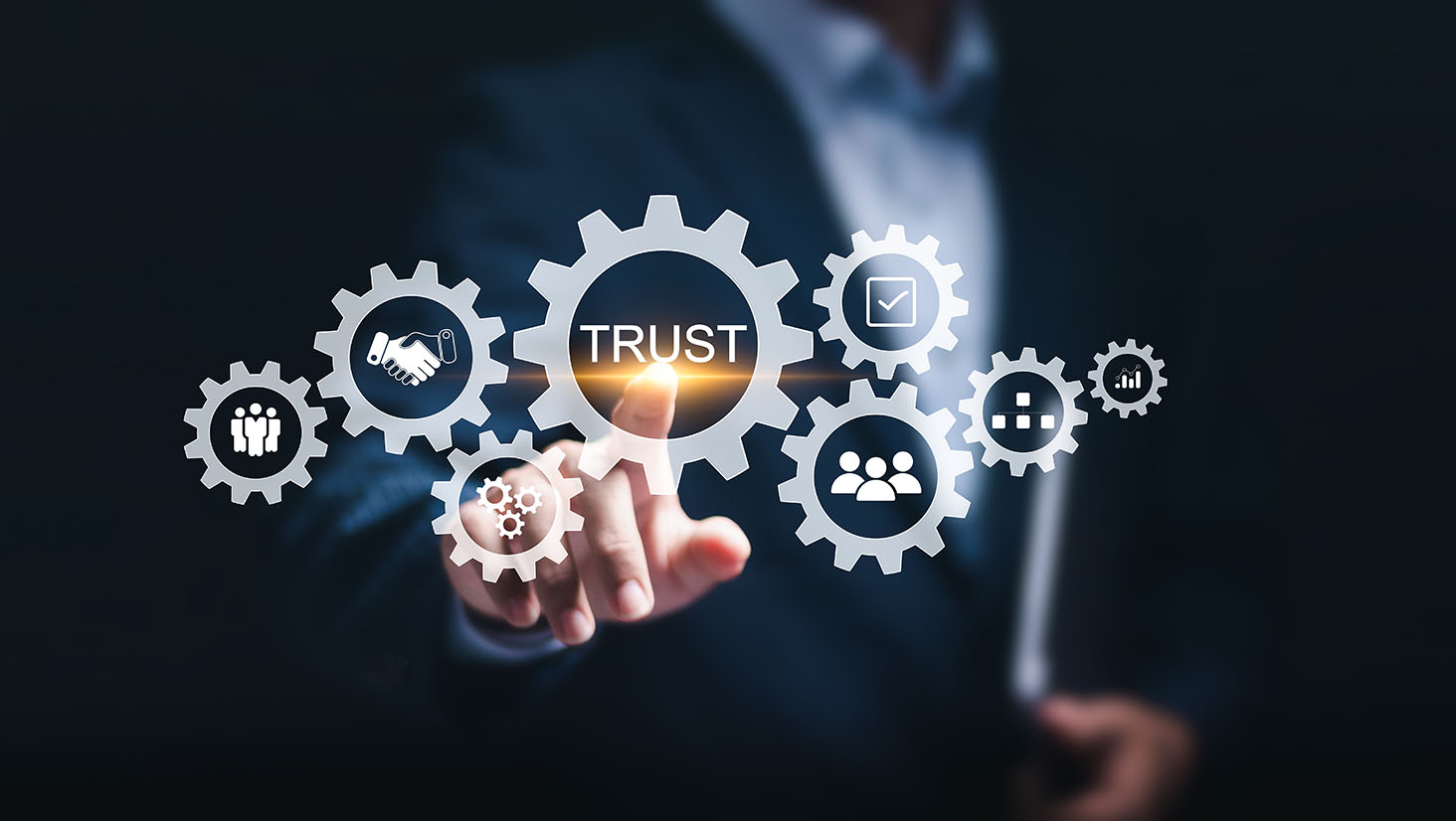 Credibility, reputation and trust concept, Businessman touching virtual screen of trust word for business team making.